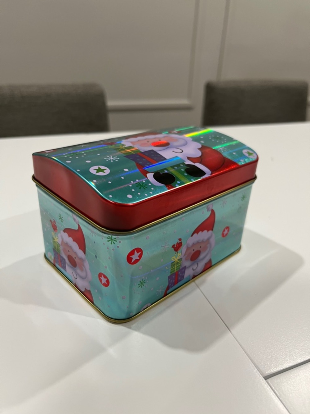 Holographic Santa Holiday Tin Box - Red & Light Blue